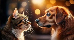 breeds of dogs and cats and looking each other